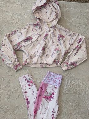 LoveShackFancy Cream and Pink Floral Hoodie and Leggings Set